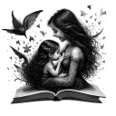 magical book explosion of whimsical creatures with daughter in awe tattoo design idea
