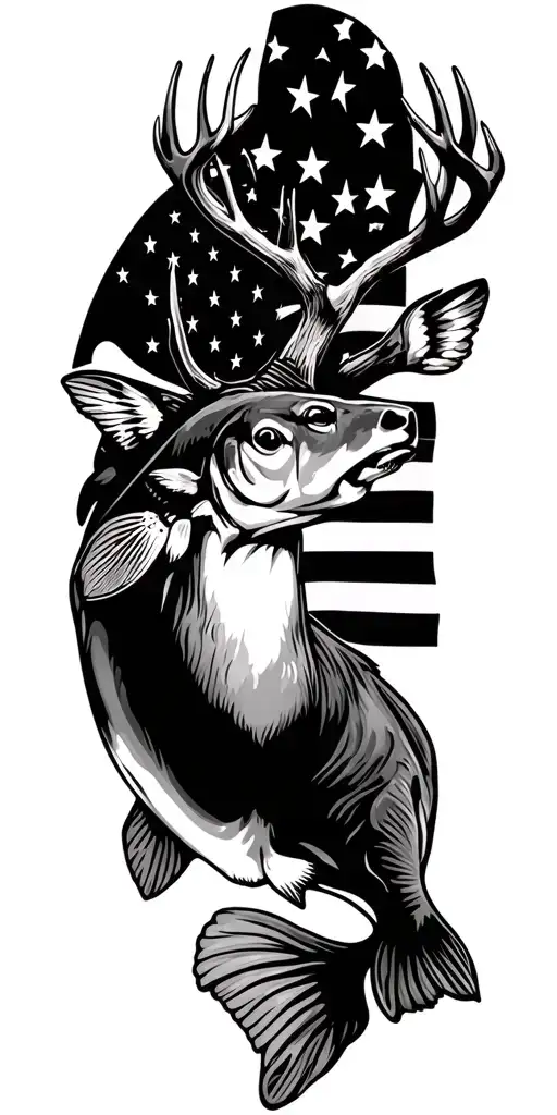"In god we trust" white tail deer and bass fish and American flag tattoo design idea