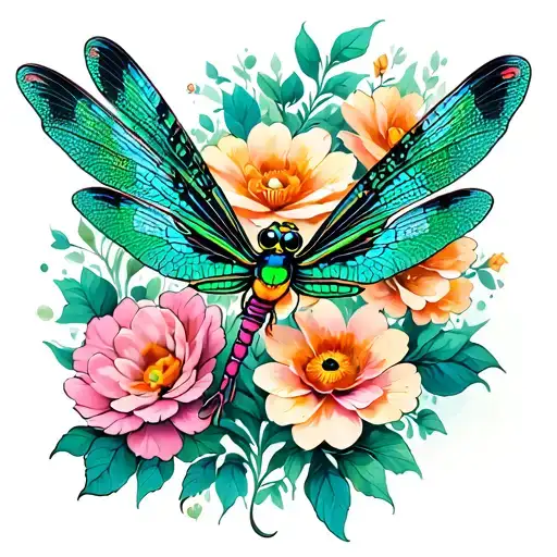 Emerald  fantasy dragonfly flying with flowers blooming tattoo design idea