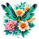 Emerald  fantasy dragonfly flying with flowers blooming tattoo design idea
