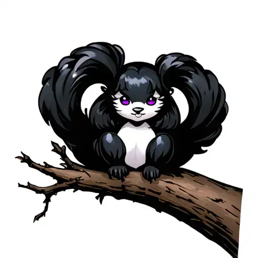 Black affection with a white breast and purple eyes sits on a tree branch. tattoo design idea
