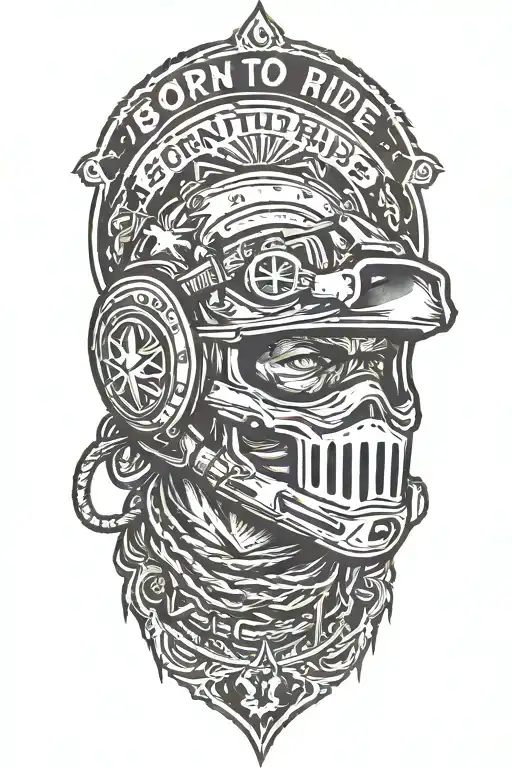 "Born To Ride" texi in horror style, under head of motocross helmet with gun poined to it and below dirt bike tire mark tattoo design idea