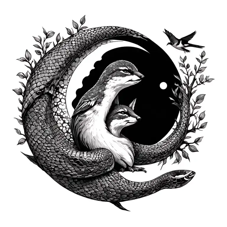 snake Unalome sleeping fox tree sparrow crescent moon surrounded tattoo design idea