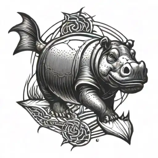 hippo and stingray swimming tattoo design idea