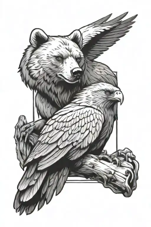 brother bear sitting together with a eagle soring and the background in a rectangle box tattoo design idea