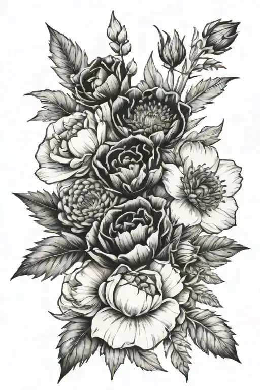 Flower bouquet black and white tattoo with poppy, honeysuckle, thistle, daffodil,  tattoo design idea