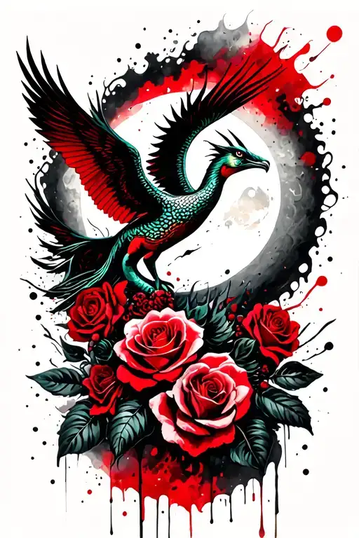 Quetzalcoatl in flight, roses, the Aztec temple, the moon tattoo design idea
