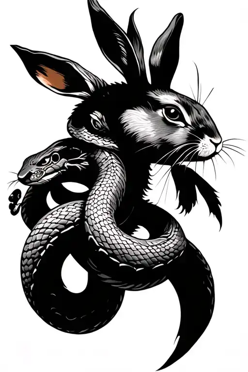 chinese zodiac snake and rabbit riding tattoo design idea