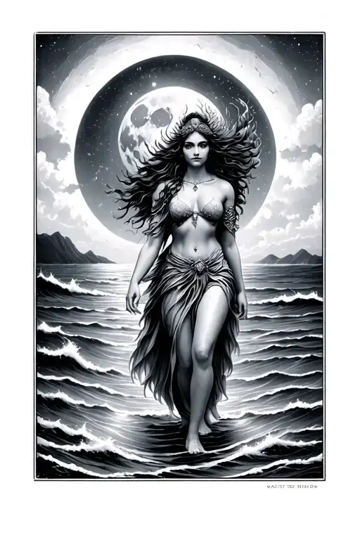 Orion moon window goddess oshun walking into the ocean night time not facing me tattoo design idea