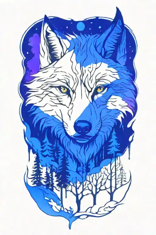 wolf blue eyes forest landscape tattoo design idea