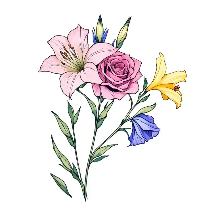 dainty bouquet of a single gladiolus, a single rose, a single daffodil, and sweet pea colors like purples pinks blues tattoo design idea