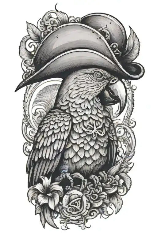 long body parrot with pirate hat tattoo design idea