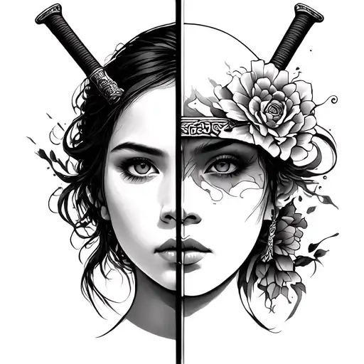 equally split tatto of girls half face fused with samurai sword tattoo design idea