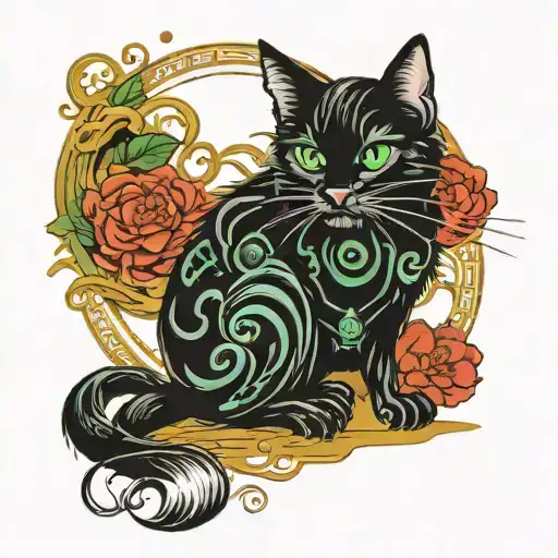 Black cat with green eyes tattoo design idea