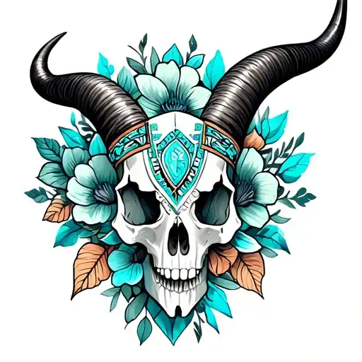  turquoise pieces , Aztec symbols intertwined, long horn skull, flowers tattoo design idea