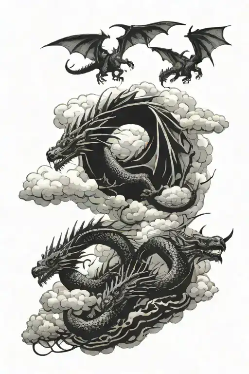 multiple dragons flying in clouds tattoo design idea