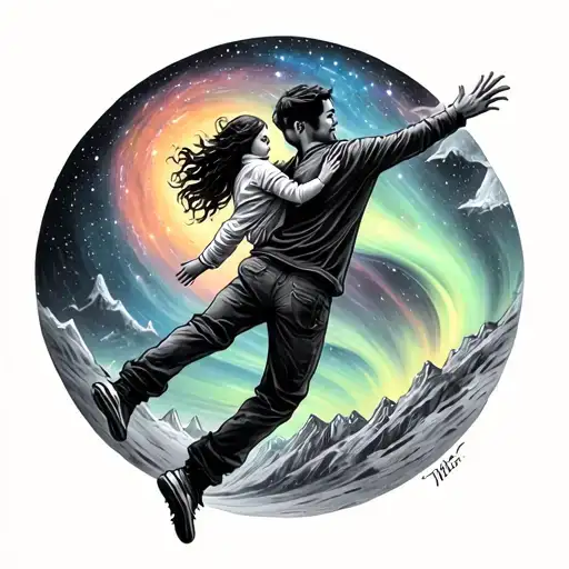 A young father with his daughter by jumping from one world to another in a universe of colors of the northern lights tattoo design idea