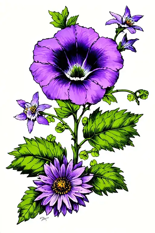 Purple Morning glory and Aster Vine tattoo design idea