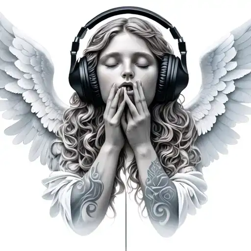 a soul (in a shape of an angel who's closed his eyes with his hands and his mouth with his wings ) with headphones tattoo design idea