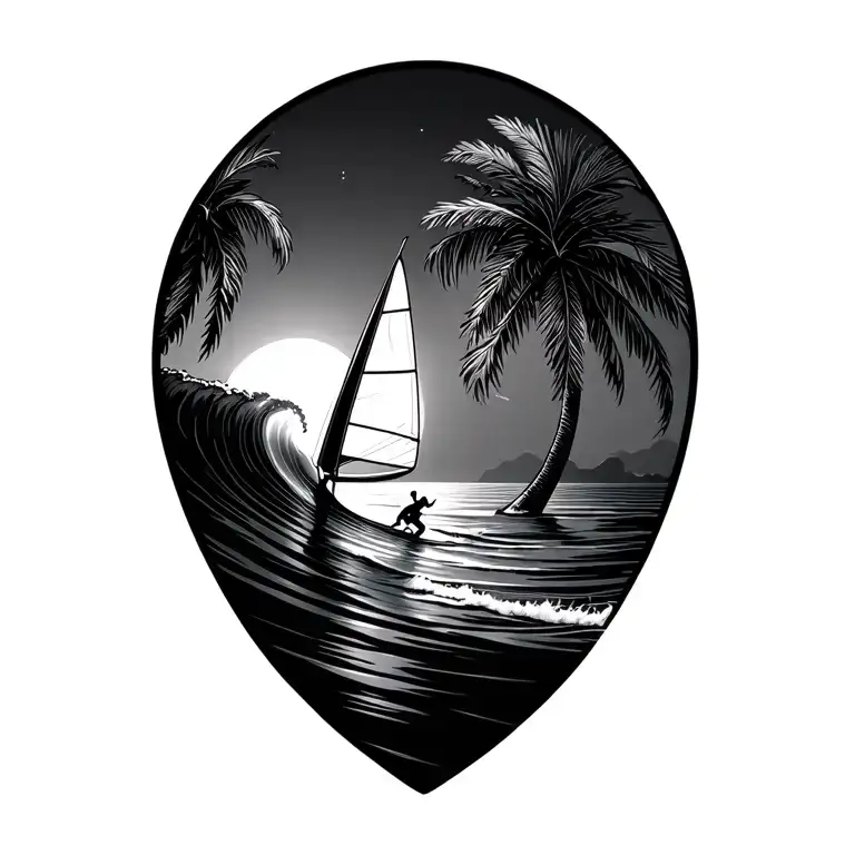 WINDSURF WAVE SUN PALM TREES WITH tattoo design idea