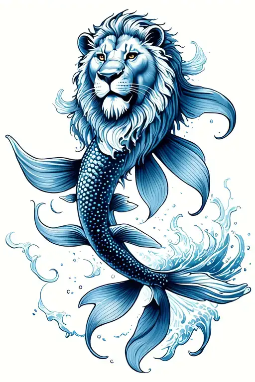 koi fish swimming upstream in ocean waves with lion face above it tattoo design idea