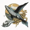 blue whale with golden eagle and the moon tattoo design idea