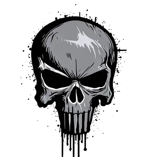 Rough grunge blackwork tattoo stencil of a Punisher-style skull designed for the back of the hand. Upper skull centered  tattoo design idea