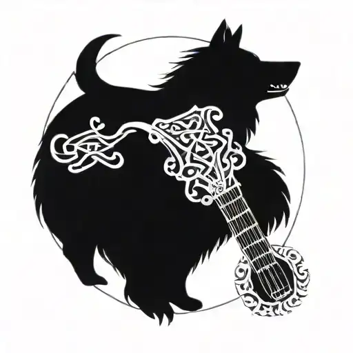 Design a guitar surrounded by a boar head and collie dog in a Celtic pattern tattoo design idea