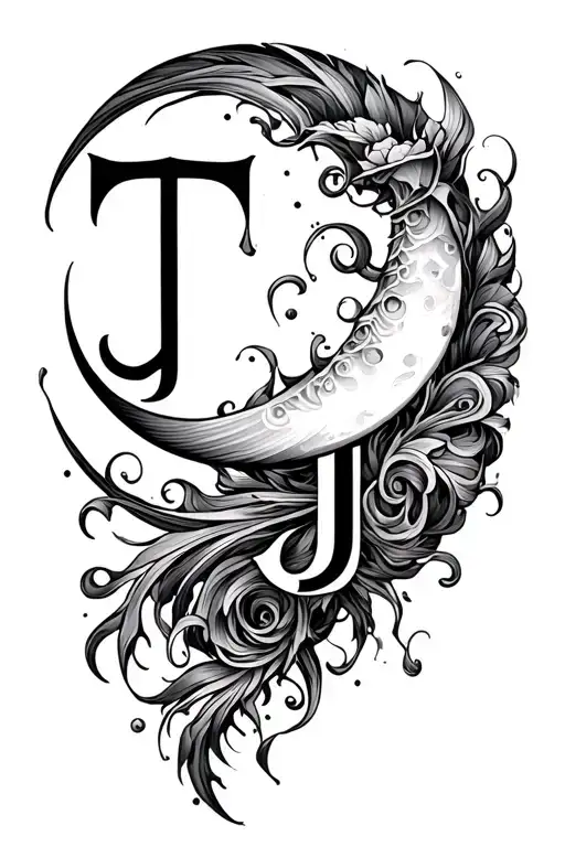 long fine line spine tattoo with a crecent moon, long swirls, , letter T and J hidden tattoo design idea
