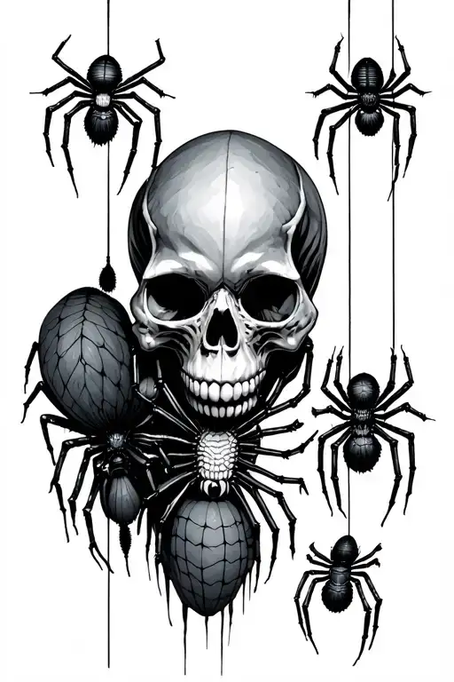spiders hanging from skull tattoo design idea