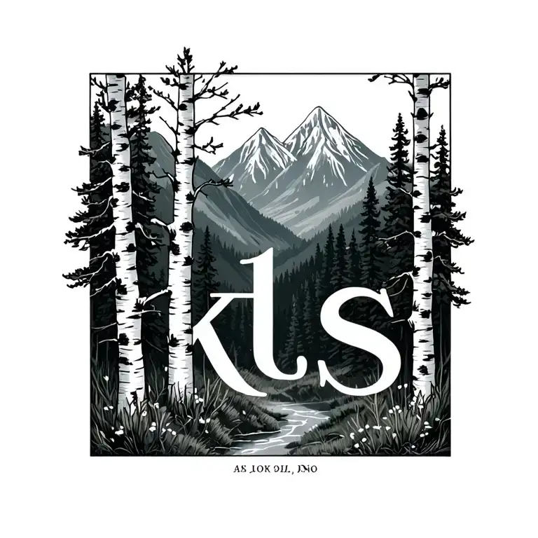 "kls" birch trees with mountains in the background with initials in tiny print at the base  tattoo design idea