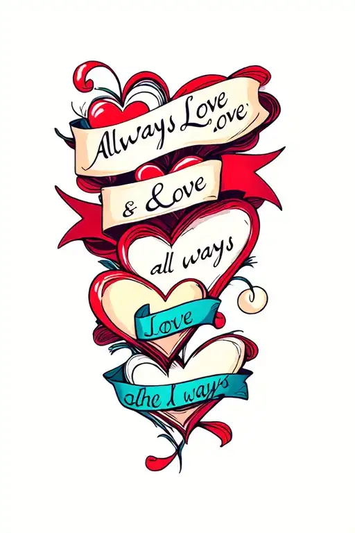 "Always Love & Love in all ways" different sized hearts grouped together with a ribbon banner  tattoo design idea