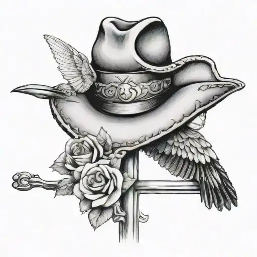 Cross with bar wire, cowboy hat and hummingbird tattoo design idea