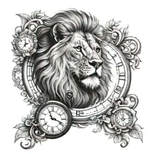 lion and clock  tattoo design idea
