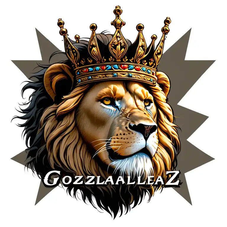 lion wearing a crown , with the name Gonzalez on the bottom with angles around it tattoo design idea