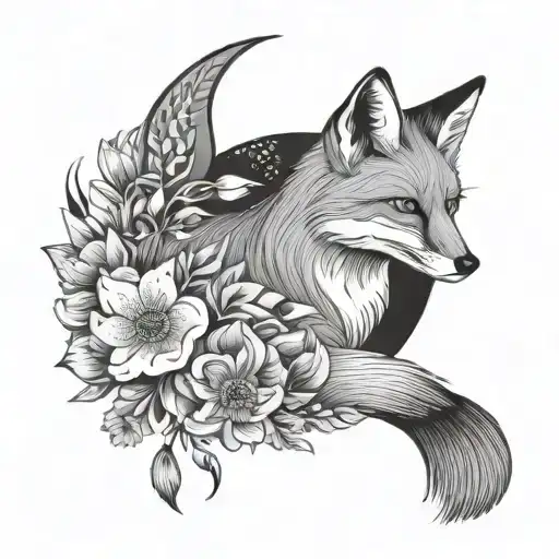fox and crescent moon with flowers and tassels tattoo design idea