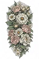 rose, daisy, peony, cosmos flower bouquet tattoo design idea