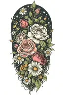 rose, daisy, peony, cosmos flower bouquet tattoo design idea