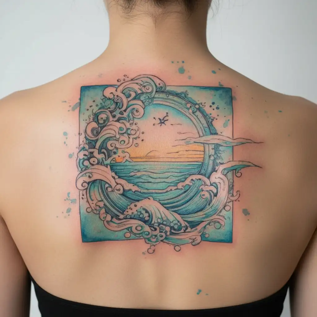 water splash and ocean sunrise include "Believe" tattoo design idea