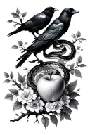2 crows, with a snake next to a bitten apple wrapped in lots of floral on a tree branches  tattoo design idea