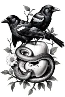 2 crows, with a snake next to a bitten apple wrapped in lots of floral on a tree branches  tattoo design idea