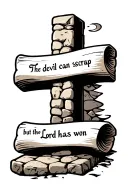 cobblestone cross with writing "the devil can scrap but the Lord has won" in old font on a scroll. tattoo design idea