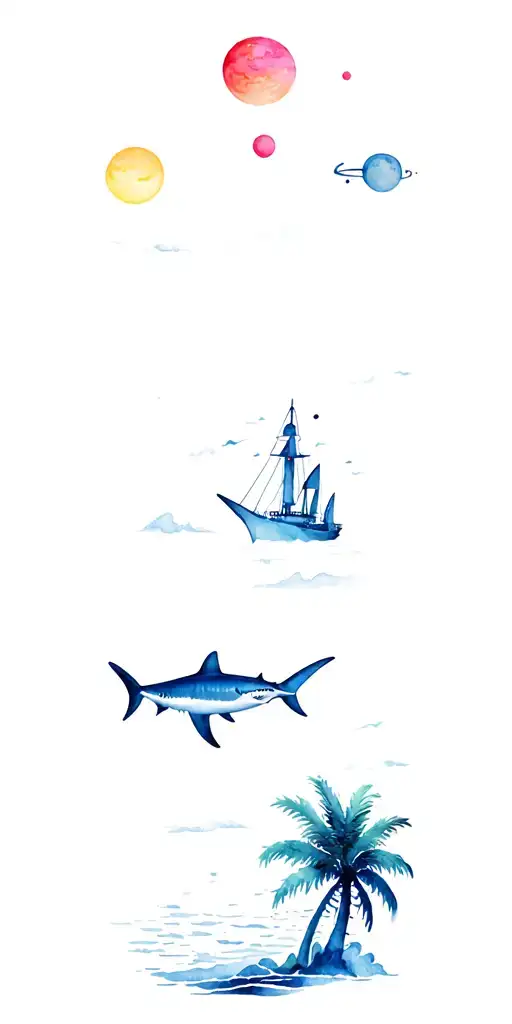 sea, ship, shark and palm trees from wrist to elbow. Space, planets, rocket on shoulder tattoo design idea