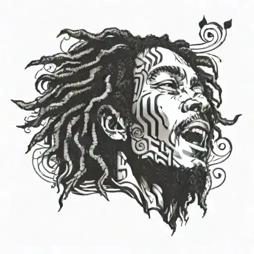 Bob Marley's face with 3D eyes surrounded by a heart made of musical notes tattoo design idea