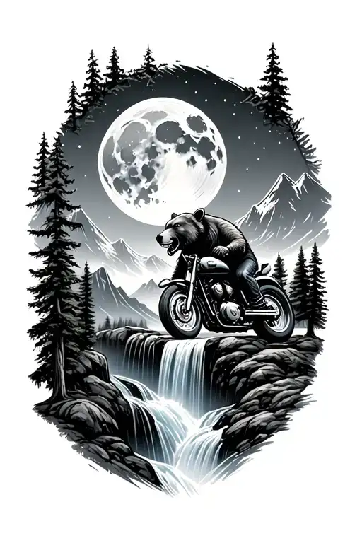 mountains with trees and waterfall, include full moon with bear roaring for the sky, include Harley riding toward water tattoo design idea