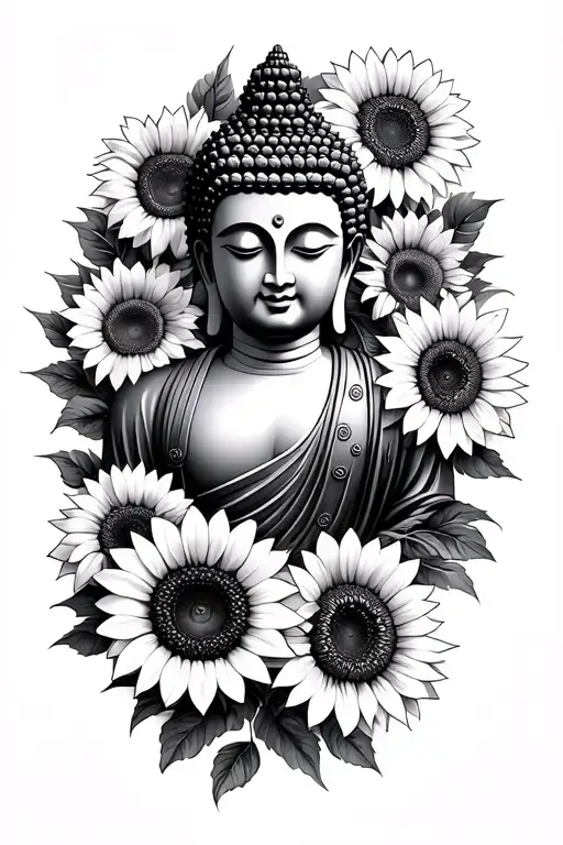 Buddha and sunflowers in hexagons containing scenes tattoo design idea