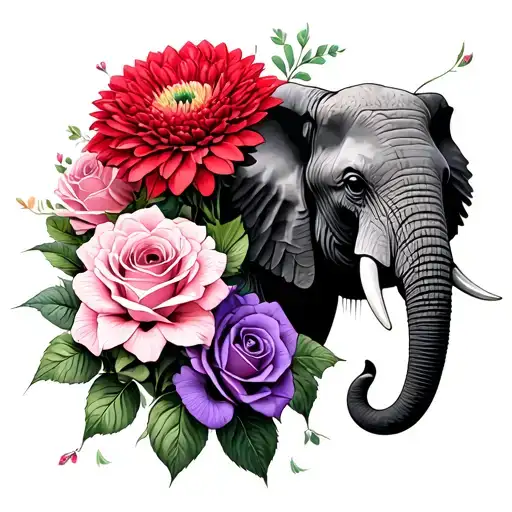 red chrysanthemums pink roses lisianthus purple & elephant tattoo design idea