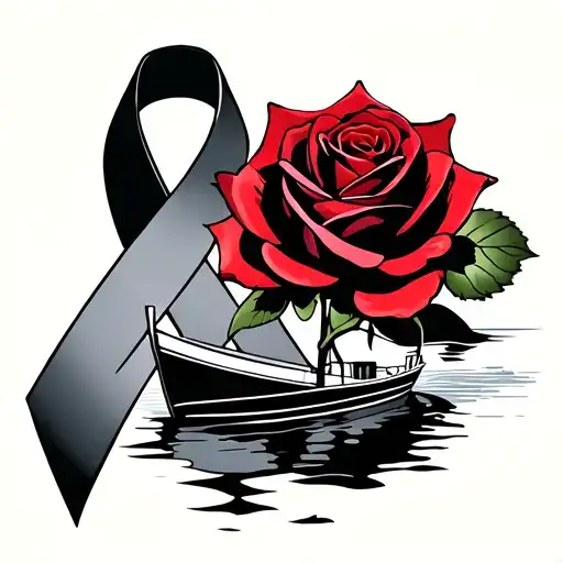 boat, red rose, grey cancer ribbon tattoo design idea