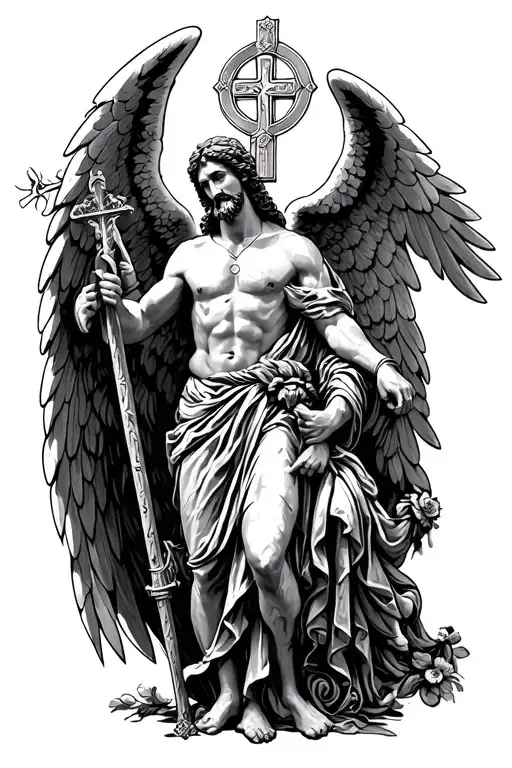 Archangel Michael with Saint Andrew the apostle with Jesus's cross tattoo design idea
