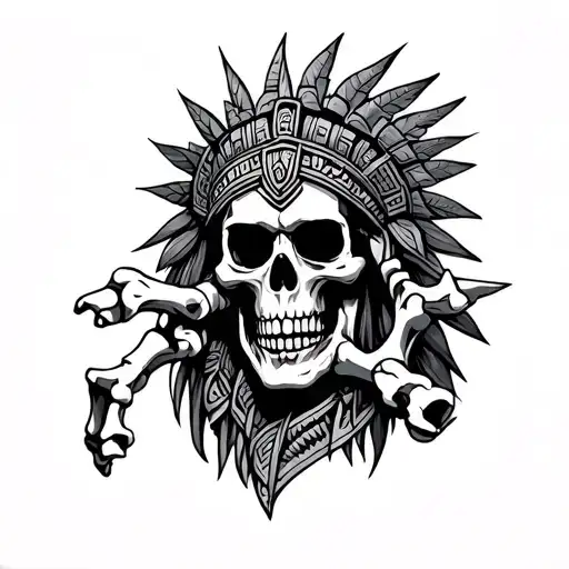 half bone fingers half Aztec death god tattoo design idea